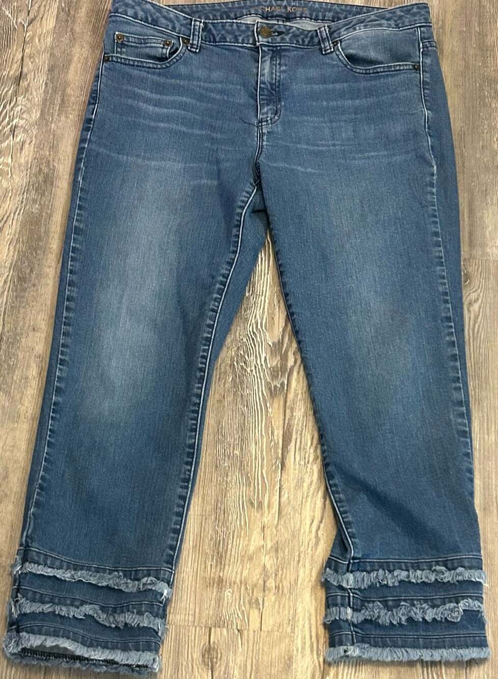 Michael Kors Women's Blue Denim Relaxed Crop Jeans with Layered Fringe Hem